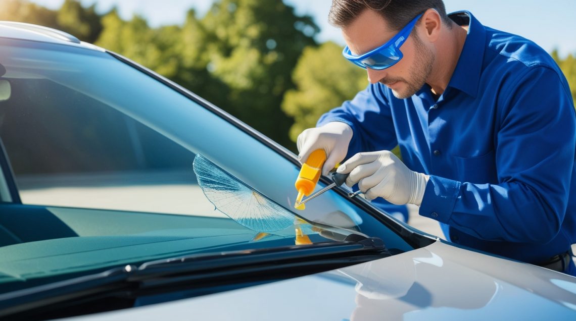 Ремонт лобового стекла автомобиля после удара камнем, мастер за работой