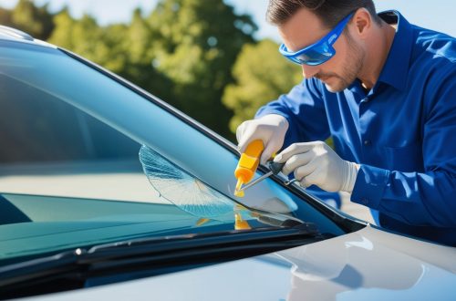 Ремонт лобового стекла автомобиля после удара камнем, мастер за работой